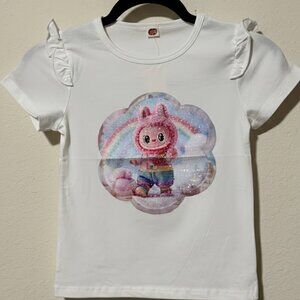 Girls' kAWAII Rainbow Ruffle Sleeve T-Shirt – Pink Character Graphic Tee – Soft